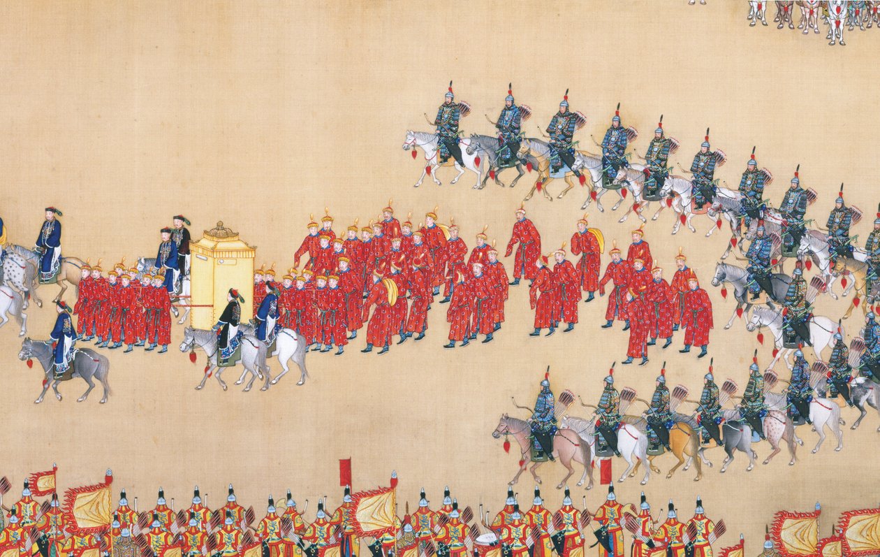 Recenze císaře Qianlonga na velkolepou přehlídku vojsk, handscroll od Chinese School