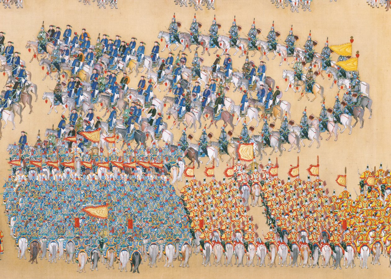 Recenze císaře Qianlonga na velkolepou přehlídku vojsk, handscroll od Chinese School