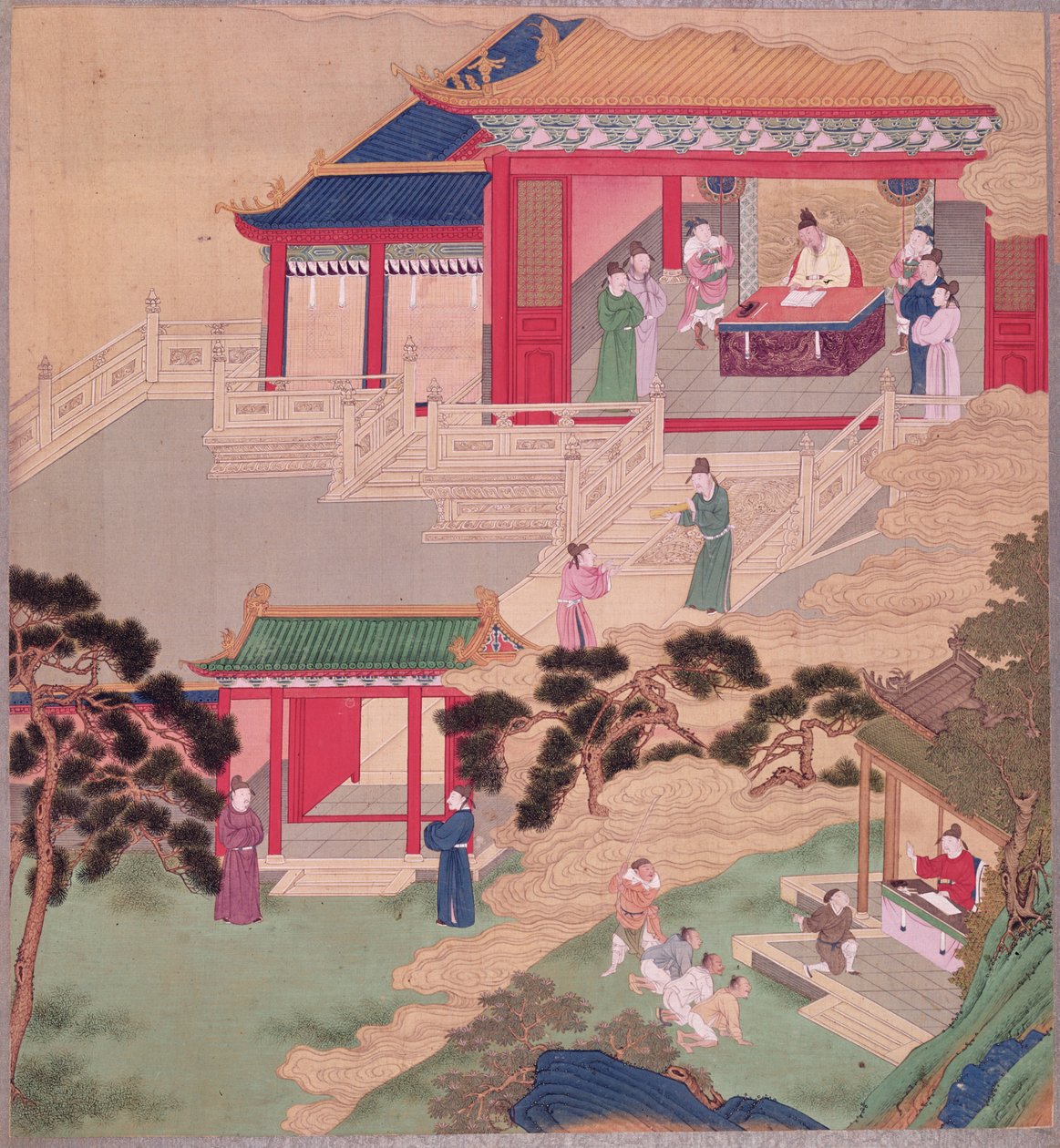 Císař Tai Tsung (r.762-779) čte lékařský svazek z historie čínských císařů (barva na hedvábí) od Chinese School
