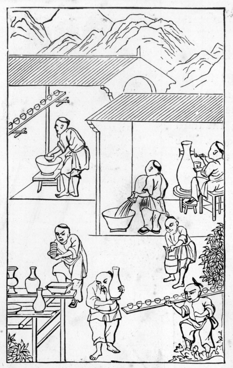 Smaltování, ze série ilustrací o výrobě porcelánu (viz 384116 a 384117 pro celou sérii) od Chinese School