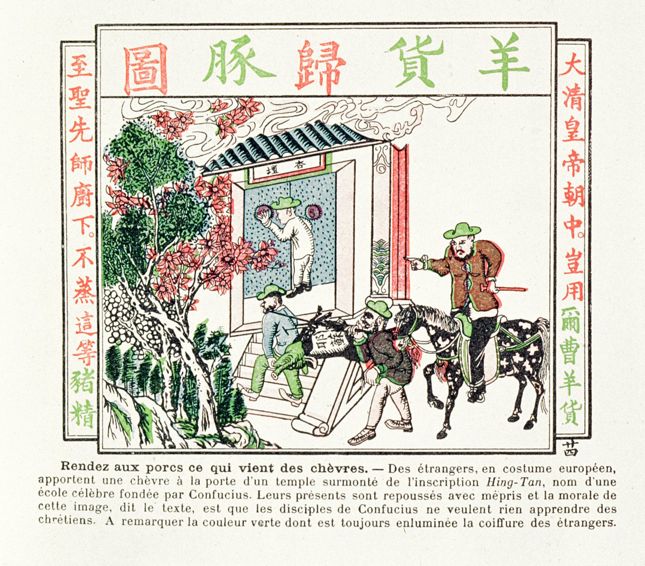 Evropští cizinci u brány Konfuciova chrámu – jejich dar kozy je s pohrdáním odmítnut, 1891 od Chinese School