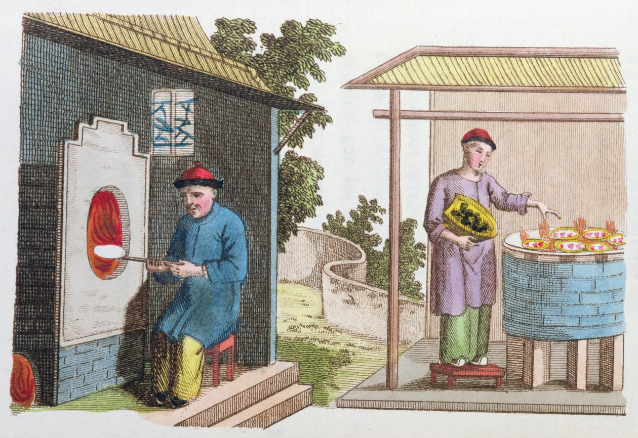 Vypalování porcelánu v Číně na konci 18. století, z La Chine en Miniature, J. B. Breton, Paříž, editoval Nepveu, 1811 (barevná rytina) od Chinese School