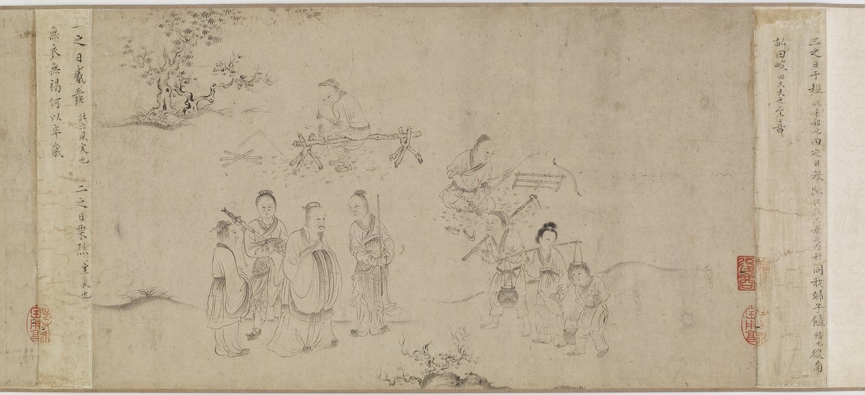 Ilustrace Sedmého měsíce z Ódy Bin, dynastie Song nebo dynastie Yuan, polovina 13.-polovina 14. století (inkoust na papíře) od Chinese School