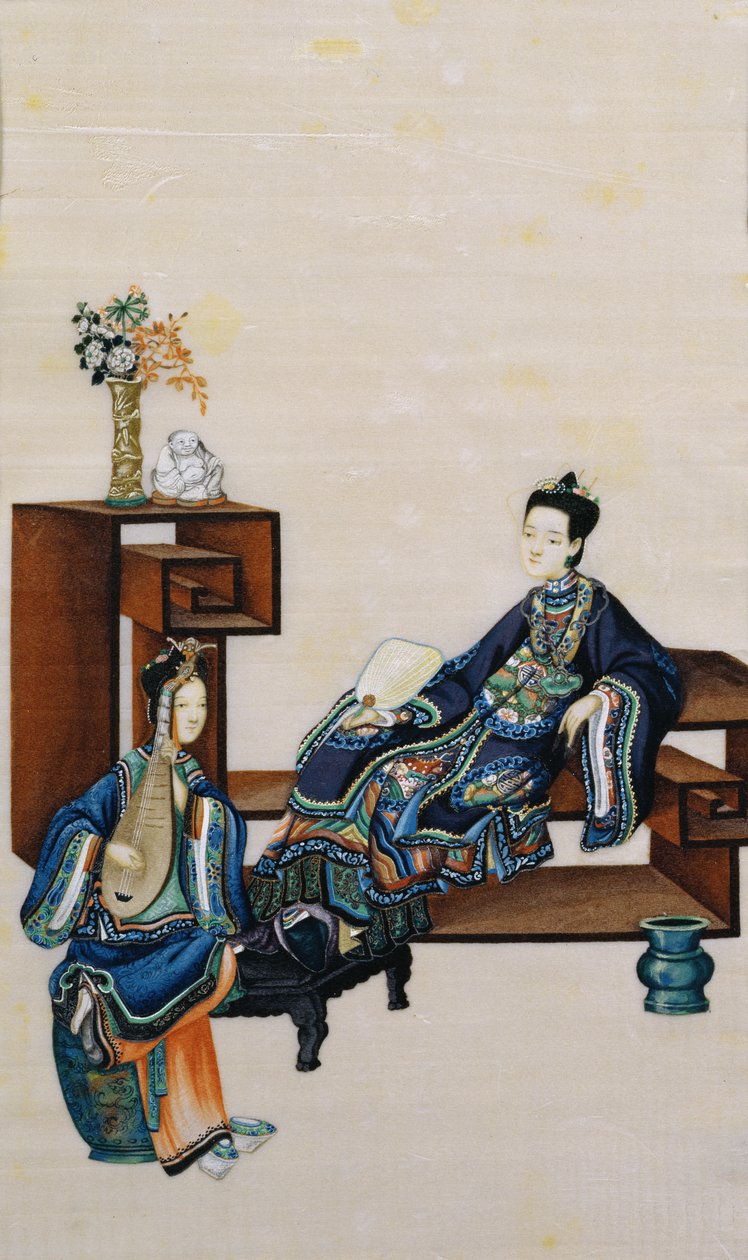 Lady ležící se sluhou hrající na hudební nástroj od Chinese School