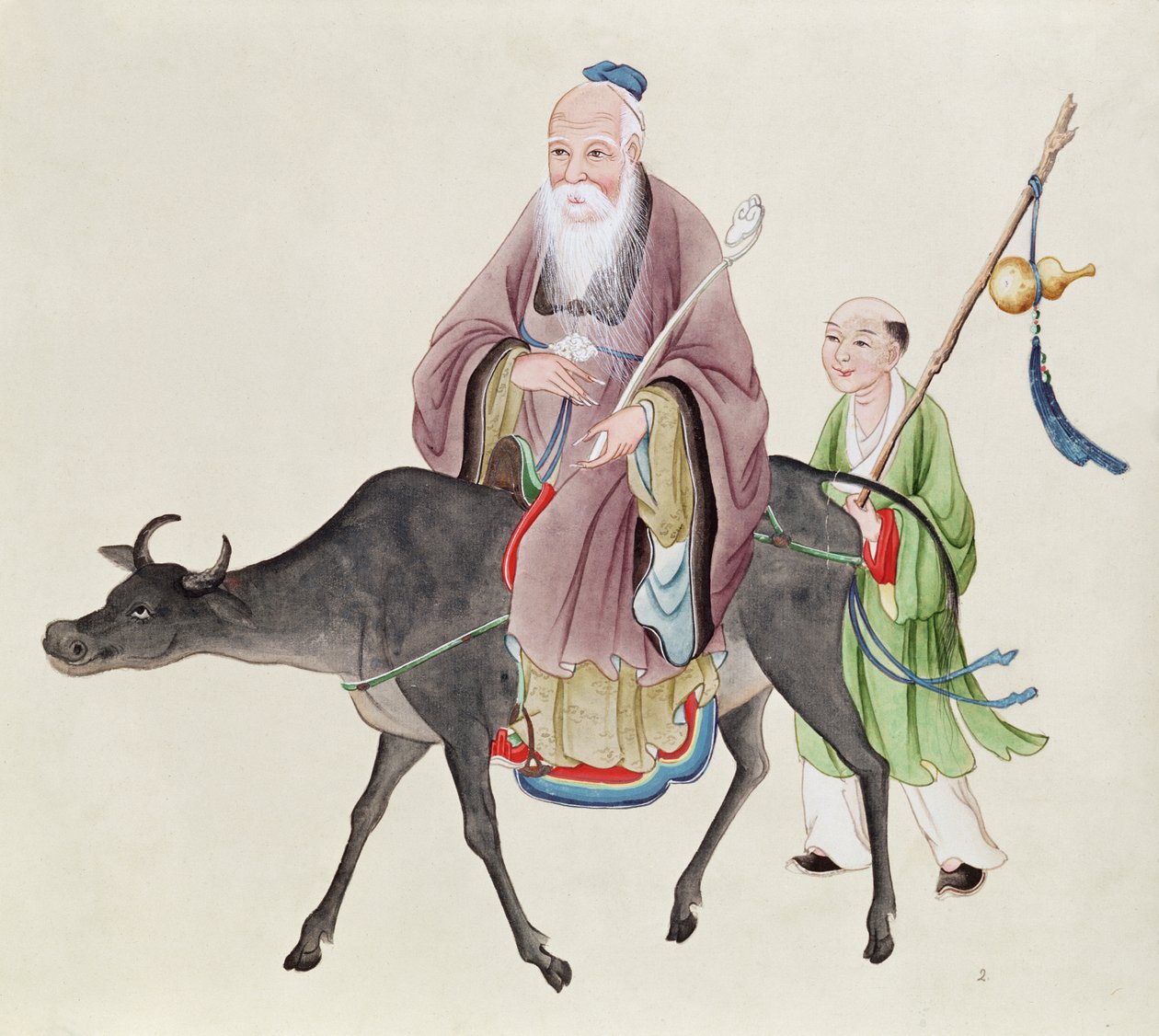 Lao-Tzu (asi 604-531) na svém buvolovi, následovaný žákem (wc na papíře) od Chinese School
