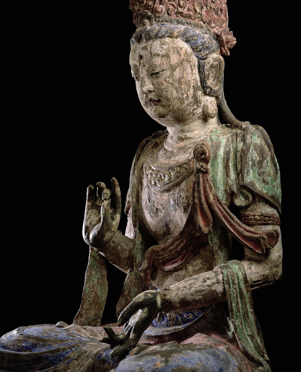 Velký sedící bódhisattva se zdviženýma rukama, dynastie Jin (1115-1234) (dřevo a pigment) (detail) (viz 206546) od Chinese School