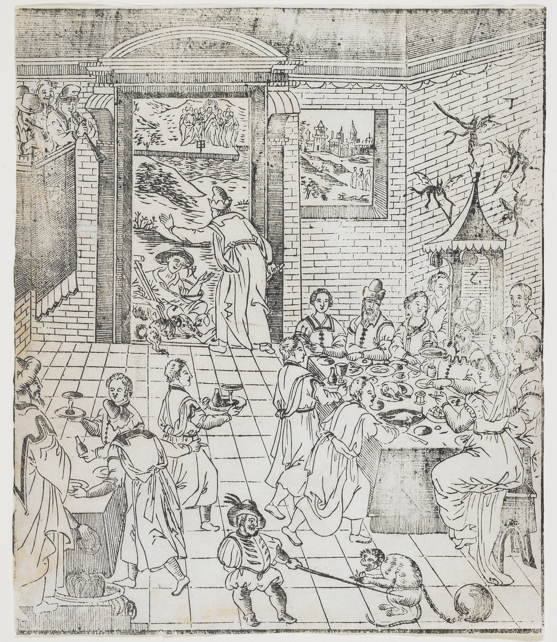Lazarus v domě bohatého muže, deska od Giulio Alenis Tianzhu jiangsheng zhuxiang jingjie (Ilustrovaná historie Pána nebes, který se vtělil do těla), Jinjiang Church, Fu od Chinese School