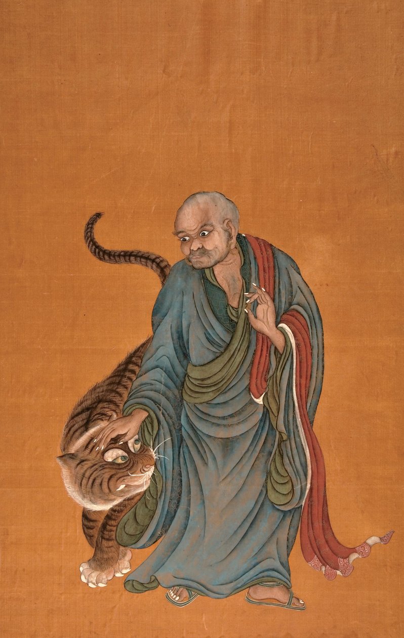 Lohan s tygrem, konec 18. až začátek 19. století (barva na hedvábí) od Chinese School