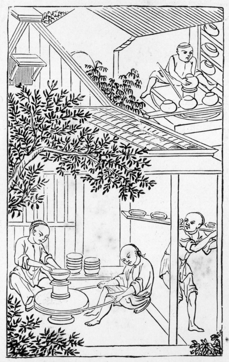 Tvarování a kladení na hrnčířském kruhu, ze série ilustrací o výrobě porcelánu (celá série viz 384116 a 384117). od Chinese School