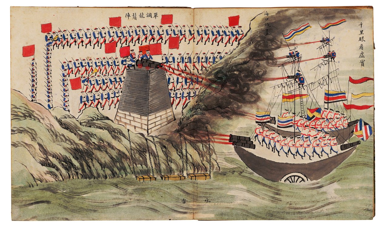 Scéna námořní bitvy v pevnosti Dagu nebo Taku, Druhá opiová válka, 1859 od Chinese School