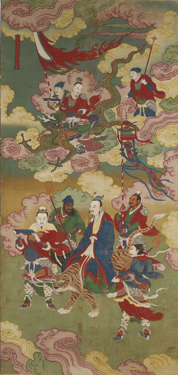 Obrovští emisaři pokladů, z buddhistické sady rituálů země a vody (inkoust, barva a zlato na hedvábí) od Chinese School