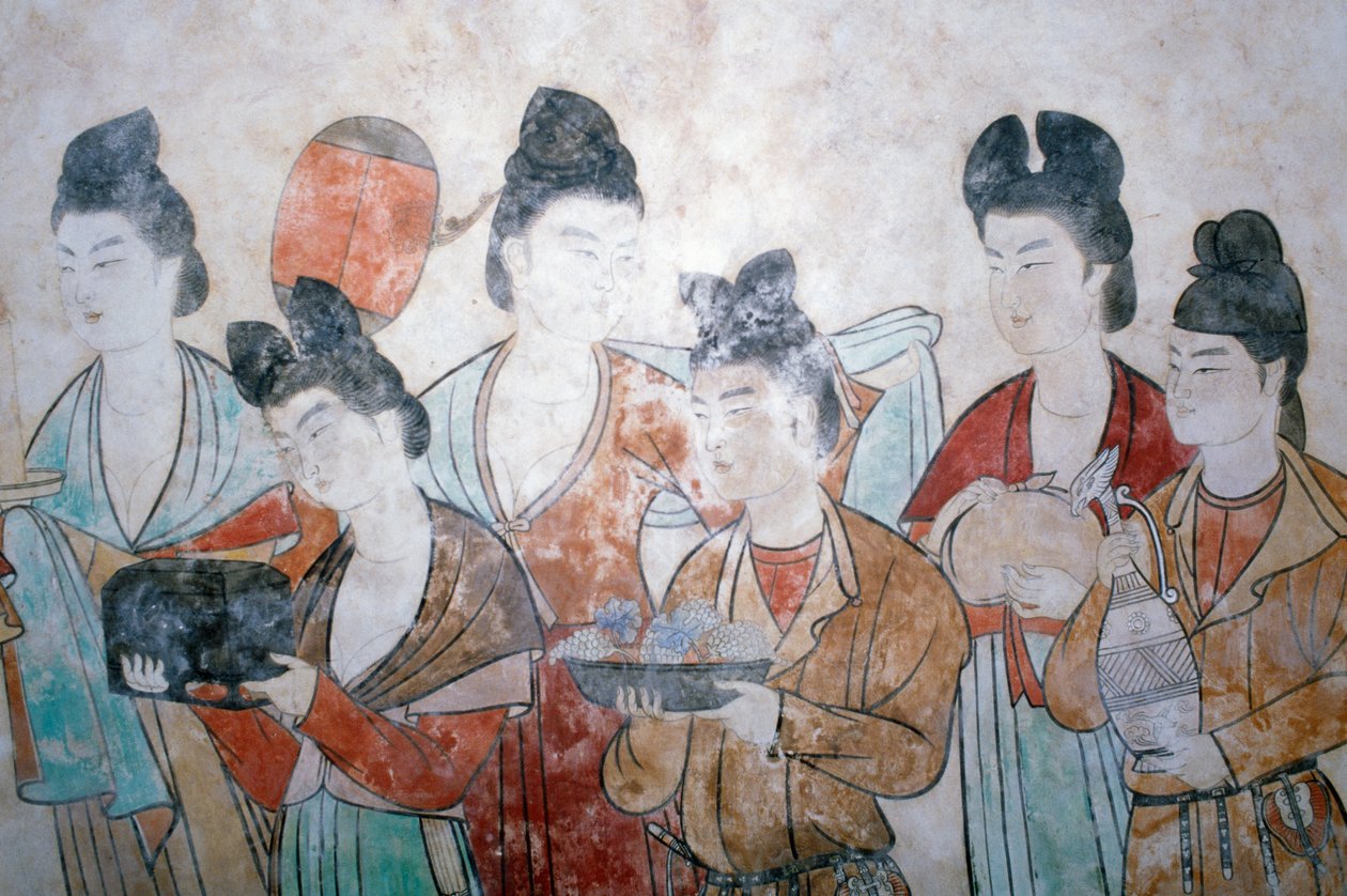 Nabídka dárků, nástěnné malby z hrobky Wu Tse Tien, hrobky Chien, dynastie Tang, Čína, Shan Xi, 8. století od Chinese School