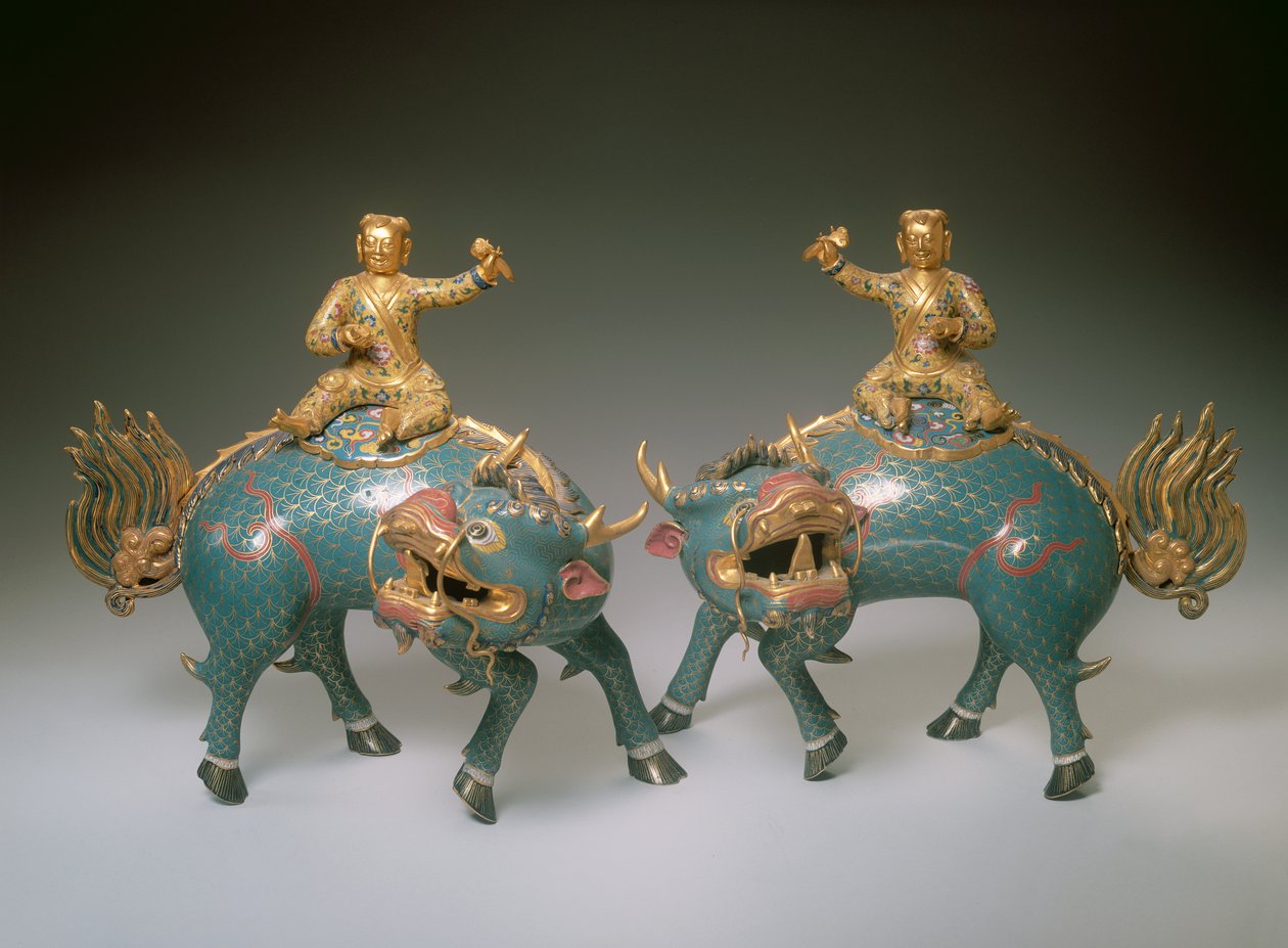Pair of Qilin, období Qianlong (1736-95) (cloisonne & champleve smalt se zlaceným kovem) (podrobnosti viz 272143) od Chinese School