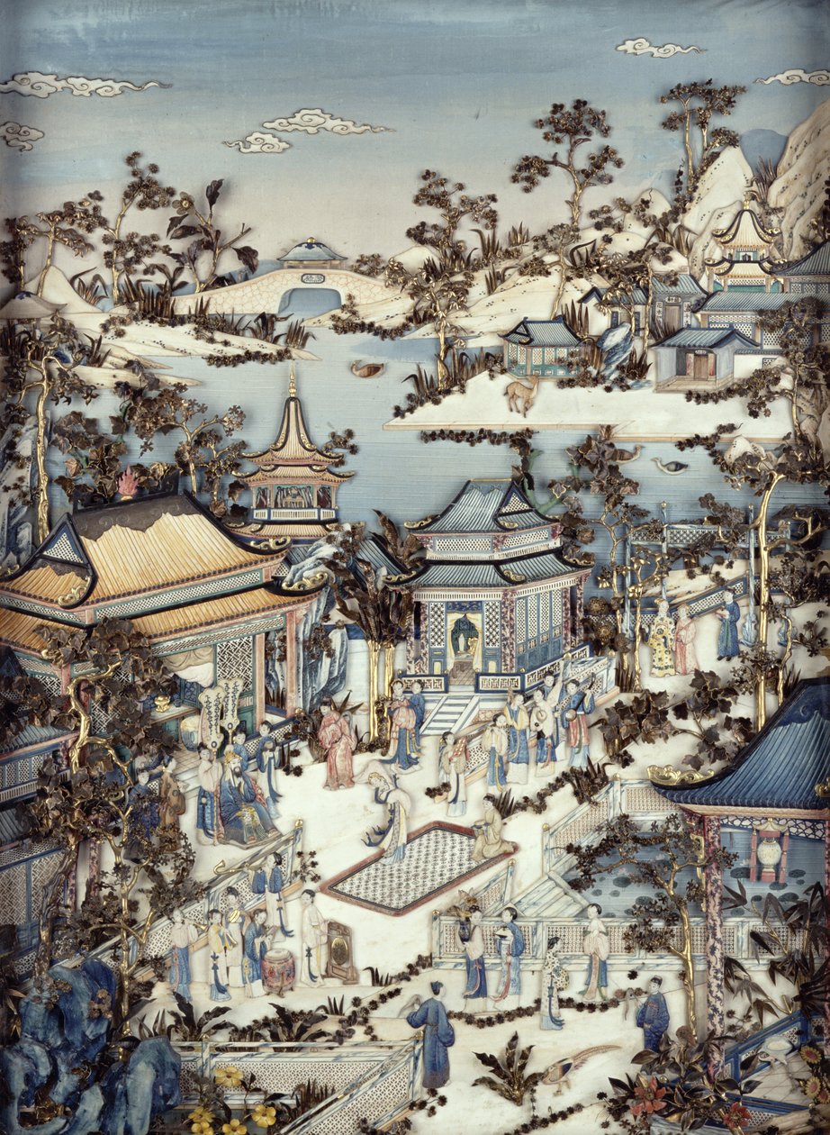 Panel zobrazující hodnostáře s doprovodem sledujícím tanečnici, období Qianlong, 1736-95 (jeden z páru) (polychromovaná slonovina) (viz 206572) od Chinese School
