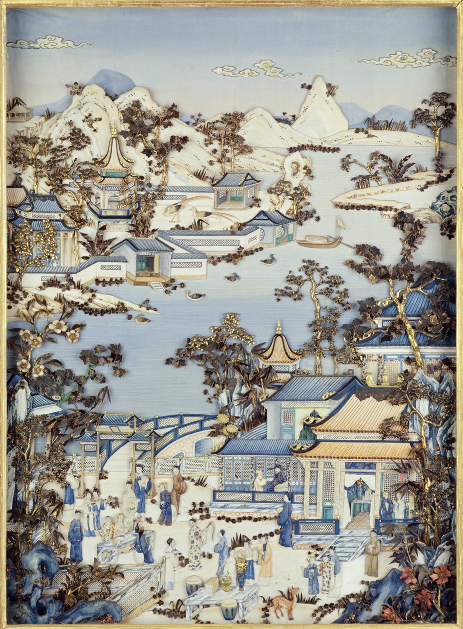 Panely zobrazující postavy na terase, období Qianlong, 1736-95 (polychromovaná slonovina) (jeden z páru) (viz 206571, 206573) od Chinese School