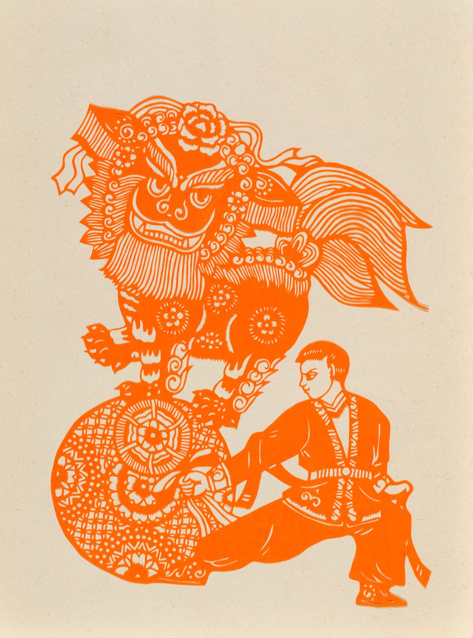 Papercut zobrazující lví tanec (řezaný papír) od Chinese School