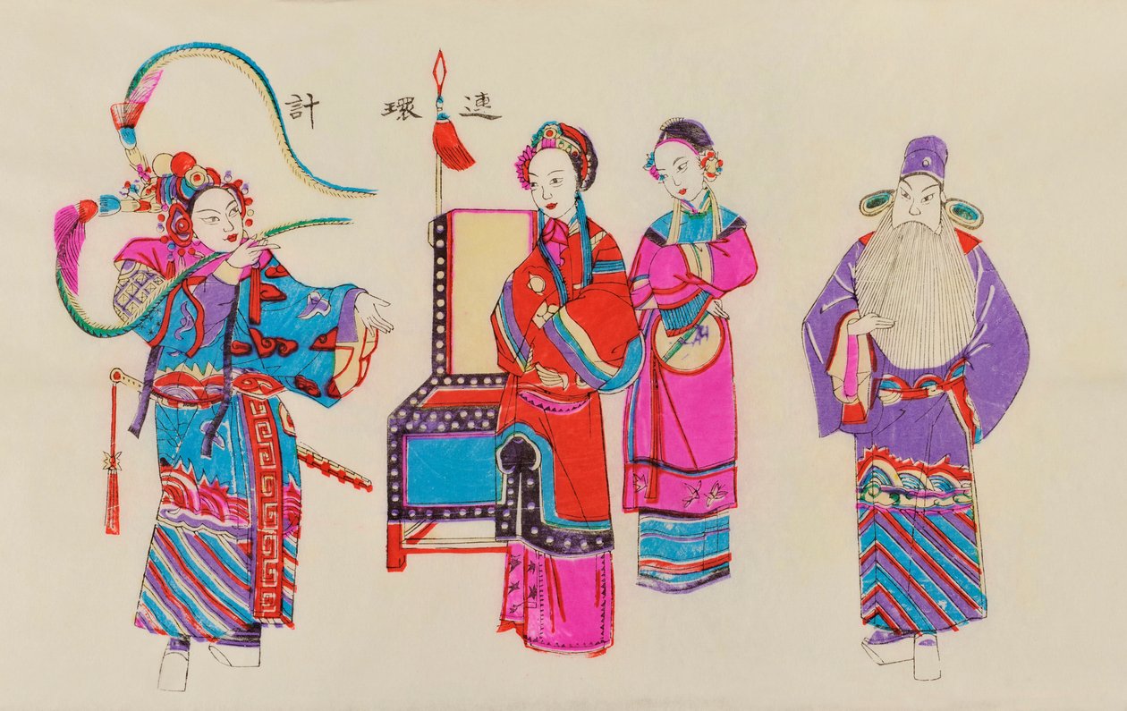 Tisk čínské operní scény (barevný dřevořez na papíře) od Chinese School