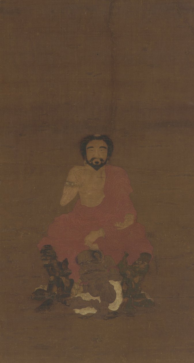 Šákjamuni sedící na třech stvořeních podobných démonům, pravděpodobně z rané dynastie Ming Yuan, 14.–15. od Chinese School
