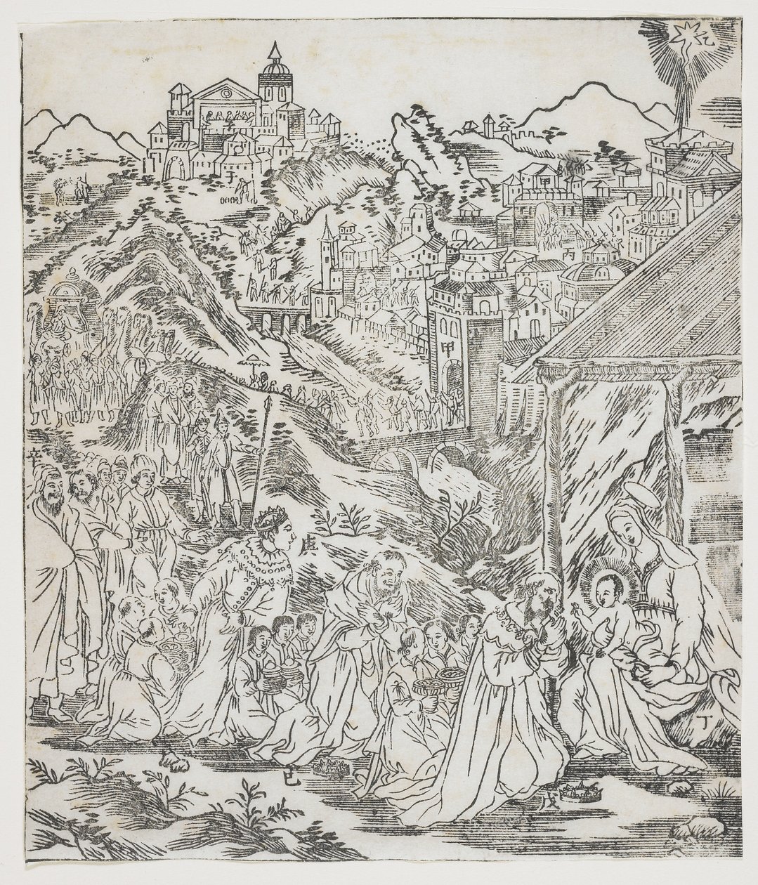 Klanění Krista, talíř od Giulio Alenis Tianzhu jiangsheng zhuxiang jingjie (Ilustrovaná historie Pána nebes, který se vtělil do těla), kostel Jinjiang, provincie Fujian od Chinese School