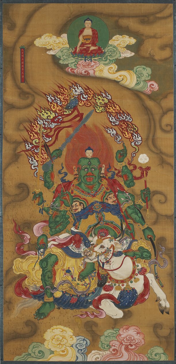 Buddhistický strážce Mahabala, z buddhistické sady rituálů země a vody (inkoust, barvy a zlato na hedvábí) od Chinese School