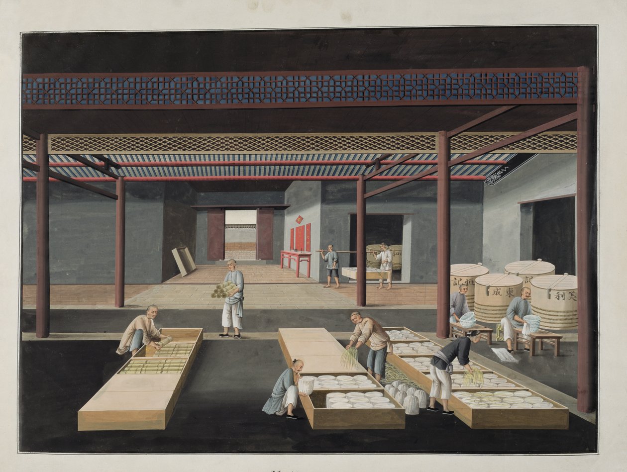 The Crating and Packing of Bowls and Misky, deska 12 v sérii dvanácti zobrazující proces výroby čínského porcelánu, 19. století od Chinese School