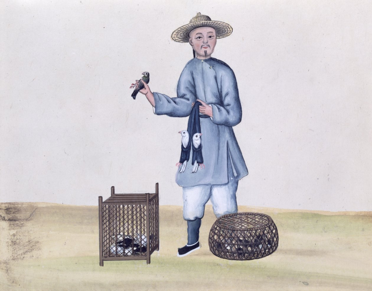 Prodejce holubů, z knihy o pouličním volání z Pekingu, kolem 1785 (wc a kvaš na papíře) od Chinese School