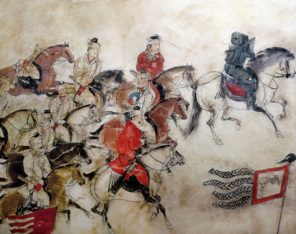 Hrobka prince Zhanghuai, lovecká scéna s koňmi, Xian, období Han, 706 (nástěnná malba) od Chinese School