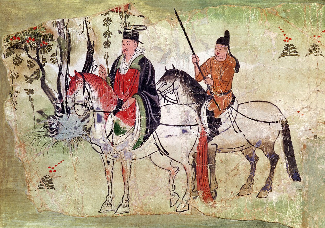 Dva jezdci v krajině, Bódhisattva a jeho Equerry, období Tang (malovaný kámen) od Chinese School