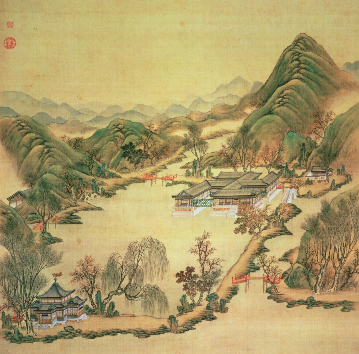 Pohled na Letní palác, Peking (barva na hedvábí) od Chinese School