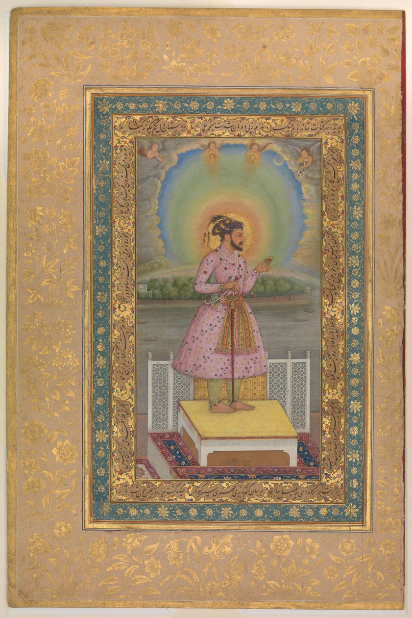 Shah Jahan na terase, držící přívěsek se svým portrétem, folio z alba Shah Jahan, recto: 1627–28 od Chitarman