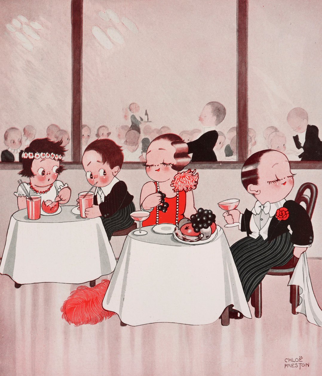 Myši z města a myši z venkova, Rafinovaní občané versus nerafinovaní venkované, scéna v restauraci, kresba Chloe Prestonové (1887-1969) z časopisu The Tatler, č. 1384, 4. ledna od Chloe Preston