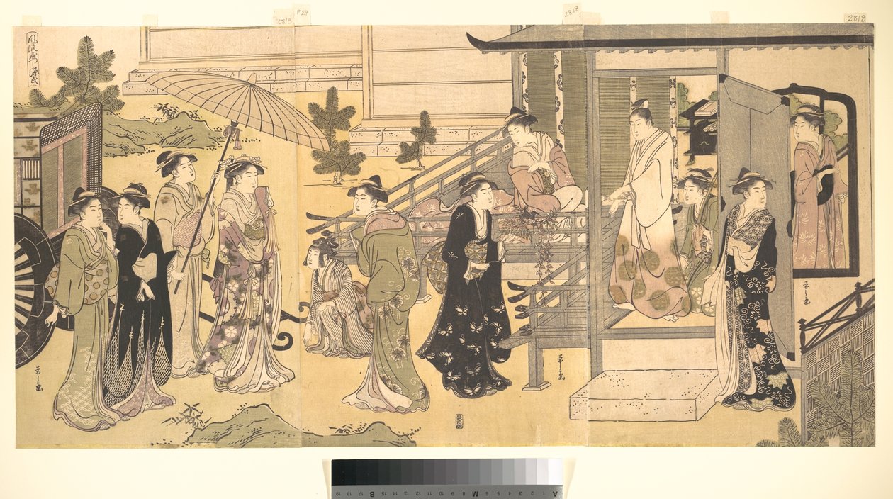 Převlečená scéna z Příběhu o Gendžim (Fūryū Yatsushi Genji), kapitola 33, „Listy vistárie (Fuji no uraba)“ od Chobunsai Eishi