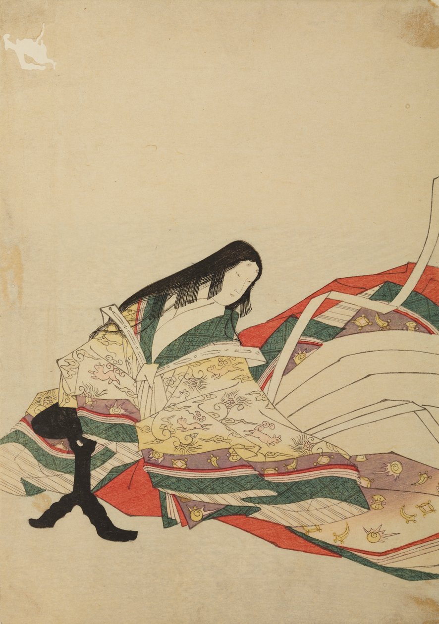Dvorní dáma sedící před černým stolkem, ilustrace z alba: Nishiki-zuri onna sanju rokkasen e-zukushi od Chobunsai Eishi