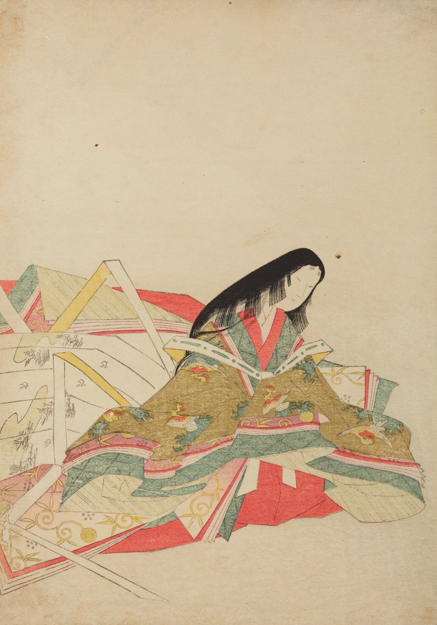 Dvorní dáma sedící v šatech s motivem ptáků hoo, ilustrace z alba: Nishiki-zuri onna sanju rokkasen e-zukushi od Chobunsai Eishi