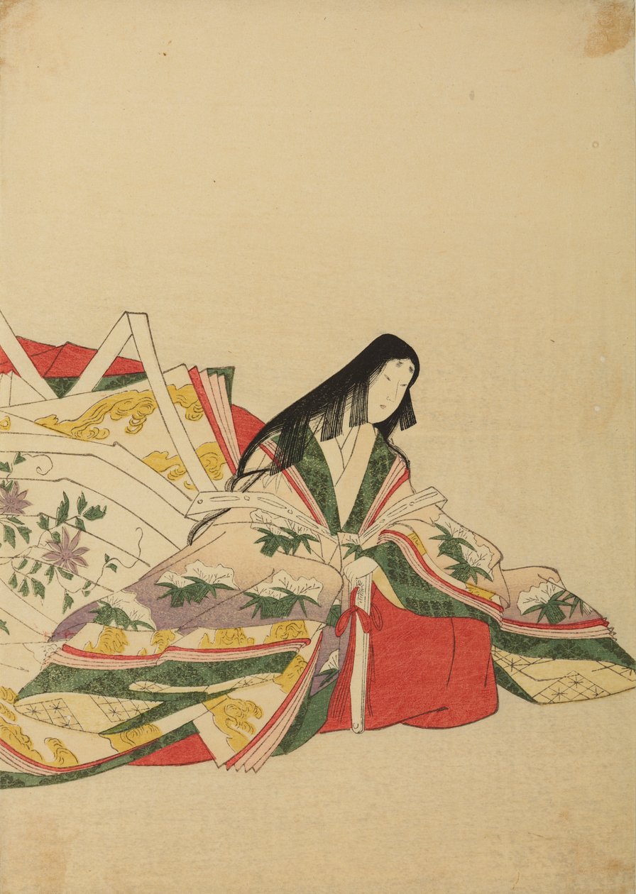Sedící dvorní dáma, opírající se o vějíř, ilustrace z alba: Nishiki-zuri onna sanju rokkasen e-zukushi od Chobunsai Eishi