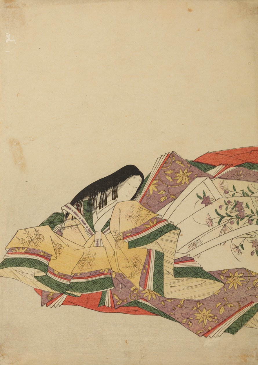 Sedící dvorní dáma, otočená doleva, ilustrace z alba: Nishiki-zuri onna sanju rokkasen e-zukushi od Chobunsai Eishi