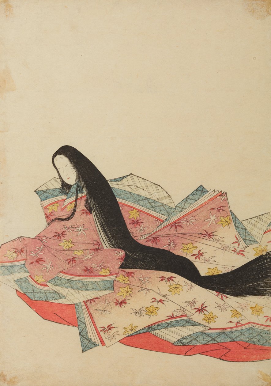 Sedící dvorní dáma, otočená doleva, v lila-růžovém rouchu, ilustrace z alba: Nishiki-zuri onna sanju rokkasen e-zukushi od Chobunsai Eishi