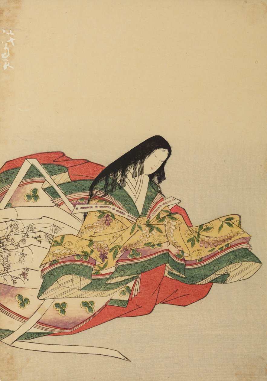 Sedící dvorní dáma, otočená doprava, ilustrace z alba: Nishiki-zuri onna sanju rokkasen e-zukushi od Chobunsai Eishi