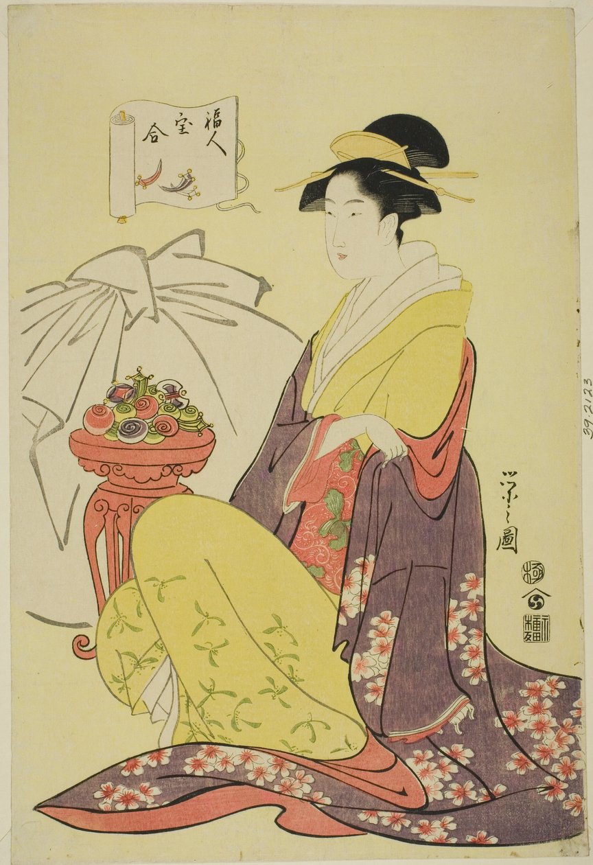 Hotei, ze série „Srovnání pokladů bohů štěstí (Fukujin takara awase)“ od Chobunsai Eishi