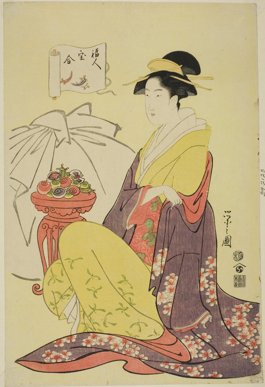 Hotei, ze série "Srovnání pokladů bohů štěstí (Fukujin takara awase)", asi 1795 (barevný dřevoryt; oban) od Chobunsai Eishi