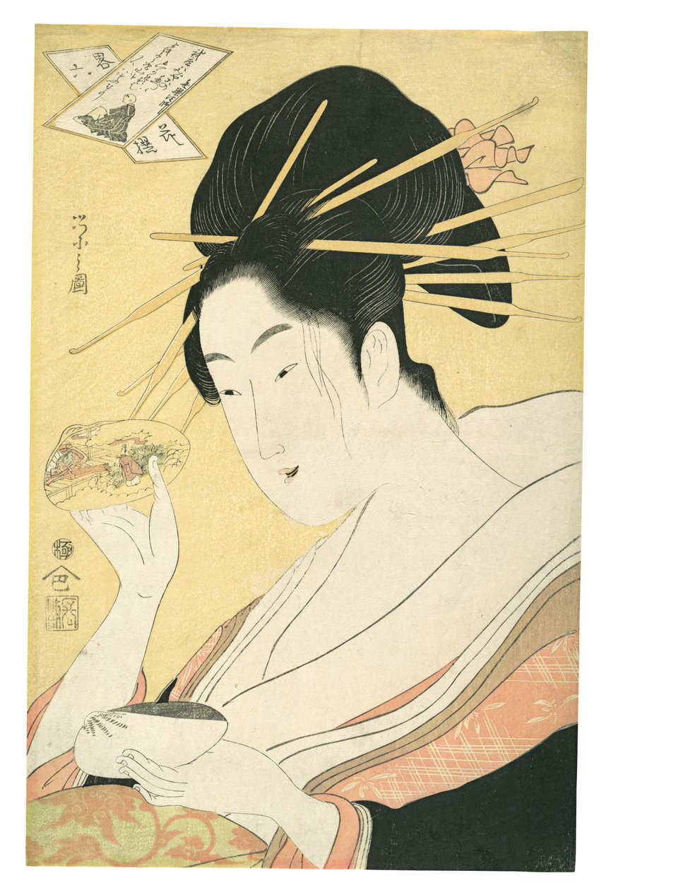 Párování mušlí (Kai-awase), „Kisen Hōshi“, ze série Moderní parodie na šest nesmrtelných básníků (Yatsushi rokkasen: Kisen Hōshi) od Chobunsai Eishi