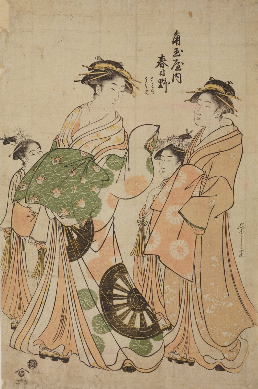 Oiran Katsugano z domu Kadotama-ya se svou společnicí a dvěma kamuro od Chobunsai Eishi