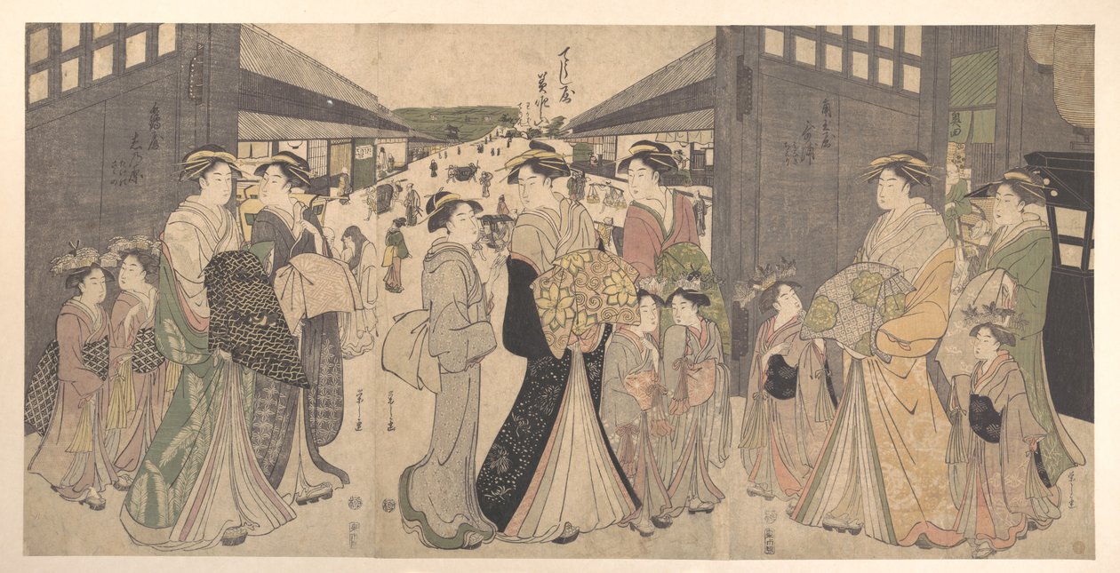 Oiran a její doprovod u Ō Mon, neboli Velké brány čtvrti Yoshiwara od Chobunsai Eishi
