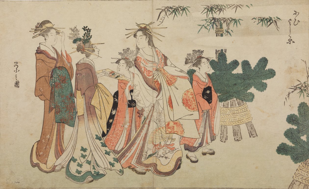 Oiran při novoroční procházce v doprovodu dvou shinzo a dvou kamuro od Chobunsai Eishi