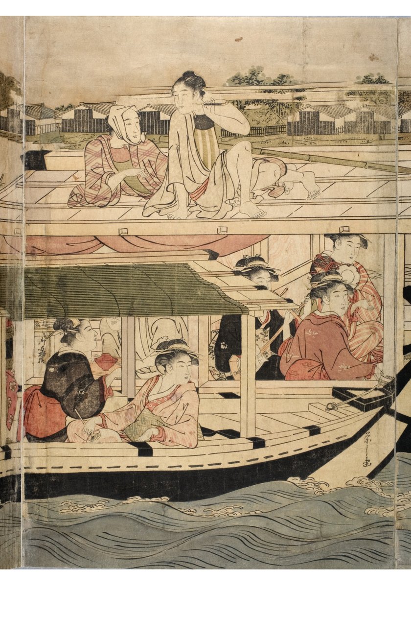 Část horizontálního pentaptychu scény Sumida River od Chobunsai Eishi