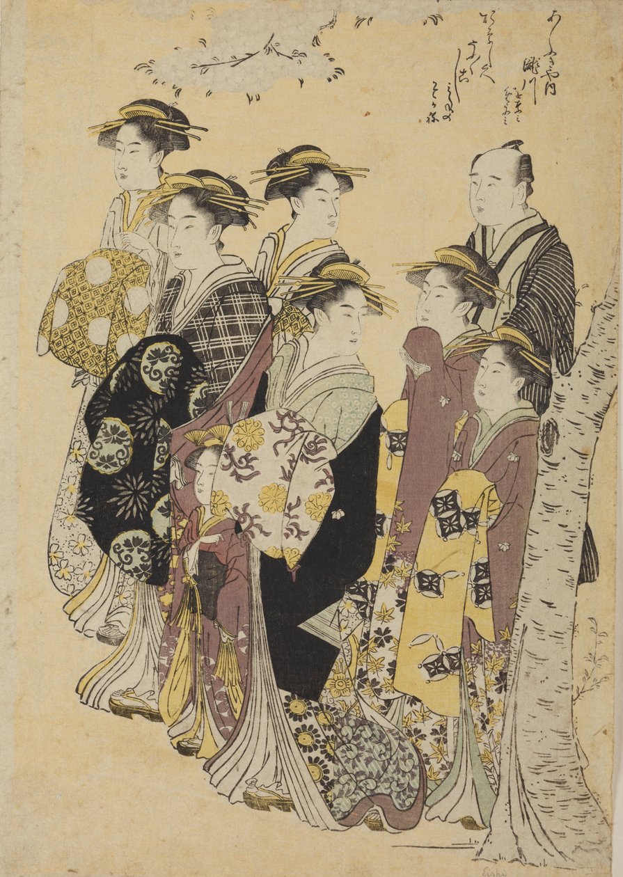 Šest oiran na procházce s dívkou a mužem od Chobunsai Eishi
