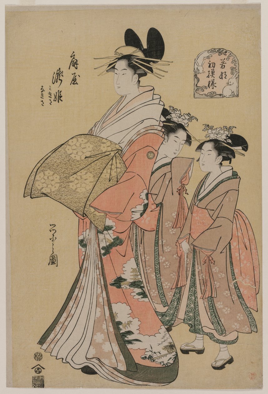 Kurtizána Takihime a průvodci ze série Nové vzory mladých zelených, 1795. od Chobunsai Eishi