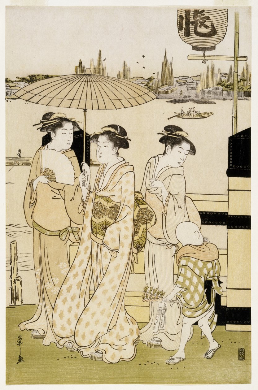 Tři ženy a chlapec podél řeky Sumida, 1788-89 (dřevotisk) od Chobunsai Eishi