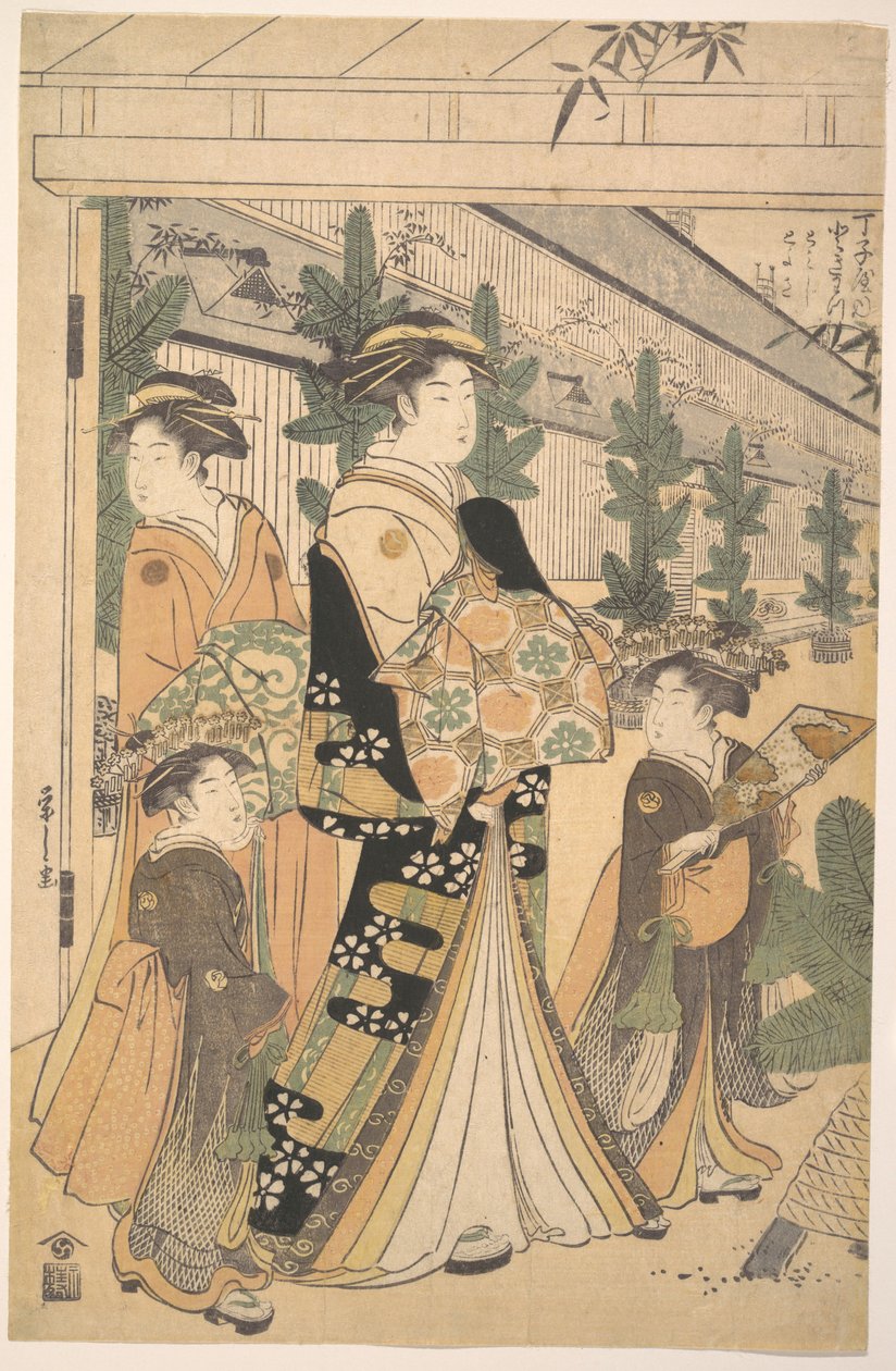 Dvě oiran se dvěma služebnicemi v Yoshiwara od Chobunsai Eishi