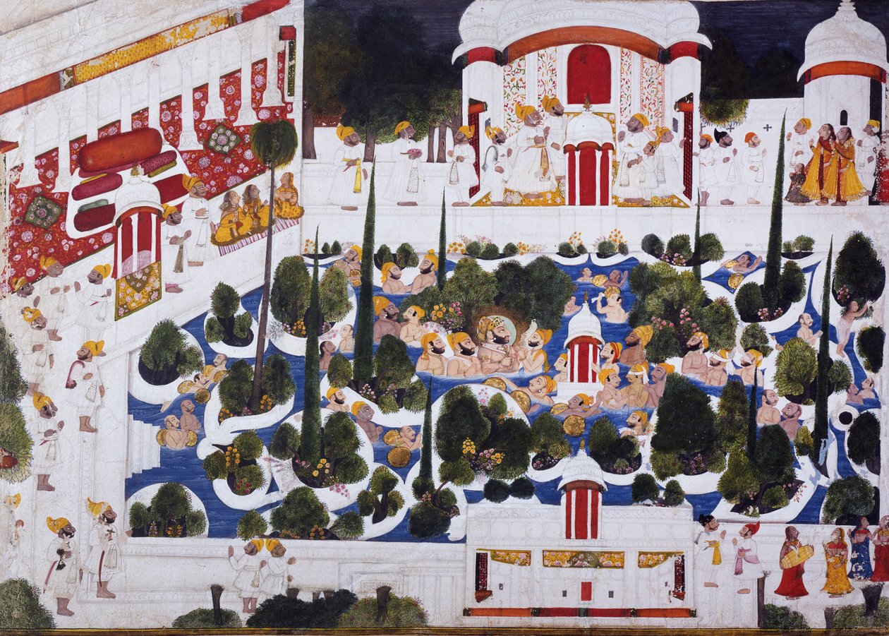 Maharana Bhim Singh dovádí se šlechtici v palácovém bazénu, 1803 od Chokha